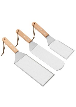 Set 3 spatule pentru gratar Flippy, din metal, margini subtiri, suprafata antiaderenta, rezistente la temperaturi ridicate, maner ergonomic din lemn, 3 forme, agatatoare, gri