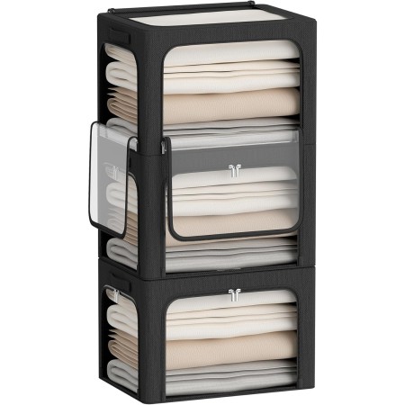 Cutie de Depozitare, Flippy, cu 3 Ferestre cu Fermoar Bidirectional, Cadru din Otel, Impermeabil, 38L, 42 x 30 x 30 cm, Negru