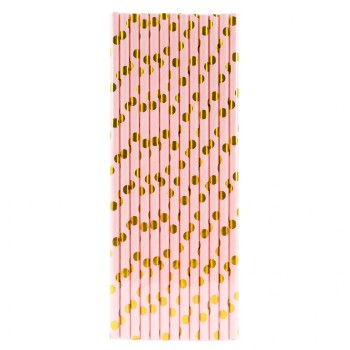 Set 10 Paie, Flippy, din Hartie, 19.5 cm, Model cu Buline Aurii, Roz
