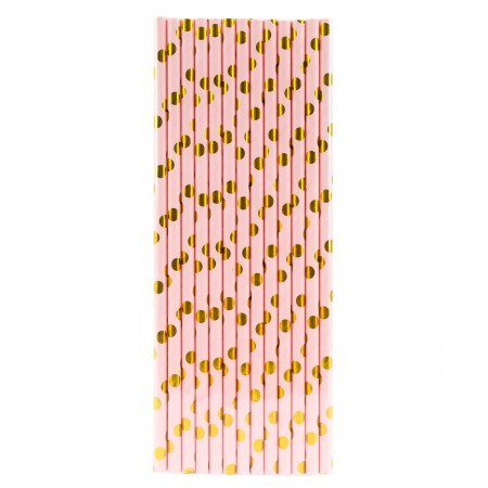 Set 10 Paie, Flippy, din Hartie, 19.5 cm, Model cu Buline Aurii, Roz