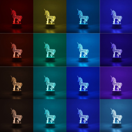 Lampa LED decorativa, Flippy, 3D, Unicorn, cu USB si baterii, 20 cm inaltime, din material acril, lumina multicolora si telecomanda inclusa, alb