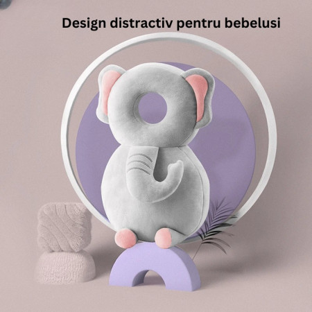 Rucsac cu Pernă de Protecție pentru Cap, Model Elefant din Plus, Suport Moale pentru Bebeluși, 33x6x19 cm, 180 g, Gri