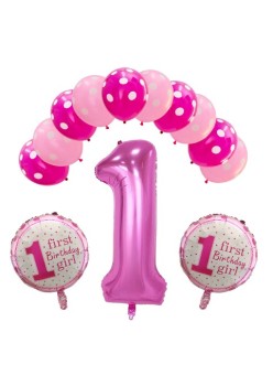 Set 13 baloane, pentru Prima Aniversare, 10 baloane latex, 2 baloane rotunde folie, cifra 1, Roz