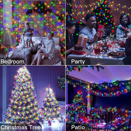 Instalatie de Craciun beculet in 6 colturi, 8 jocuri de lumini, liniara, 10 m, din care 1 m cablu priza 220V, 100 LED, controler, fir negru, multicolor