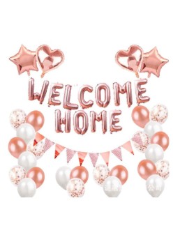 Set baloane folie si latex, Flippy, WELCOME HOME, 24 de piese, 20 baloane latex, 4 baloane stea Folie, 1 set Welcome Home, Rose gold metal