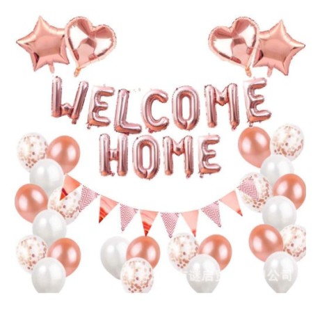 Set baloane folie si latex, Flippy, WELCOME HOME, 24 de piese, 20 baloane latex, 4 baloane stea Folie, 1 set Welcome Home, Rose gold metal