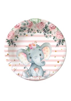 Set 10 Farfurii Unica Folosinta, Flippy, Imprimeu Elefant, din Carton, 17 cm, Roz