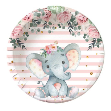 Set 10 Farfurii Unica Folosinta, Flippy, Imprimeu Elefant, din Carton, 17 cm, Roz