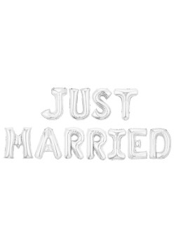 Set Baloane din Folie Metalizata, Flippy, Model Just Married, Litere de 40 cm, Baloane Party, Ambalaj Individual, Pai, Ata si Adeziv Incluse, Umflare cu Aer sau Heliu, Argintiu