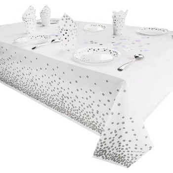 Fata de Masa, Flippy, din PEVA, Imprimeu Buline, 137 x 274 cm, Impermeabila, Fara Pete, Curatare Rapida, Argintiu