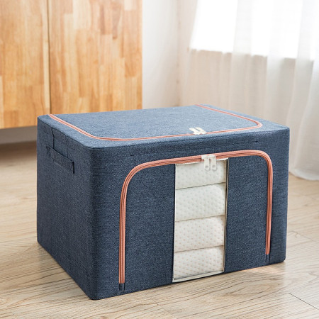 Cutie de Depozitare Pliabilă Premium, 100L, Textil Rezistent, Cadru Metalic, Fermoar de Siguranță, Fereastră Transparentă, 60x42x40 cm, Albastru Marin