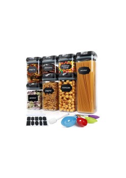 Set 7 Recipiente Organizare Alimente, Flippy, Inchidere Etansa, Etichete Reutilizabile, Cupe Masurare, 4 Dimensiuni Diferite, din Plastic Dur, Transparent