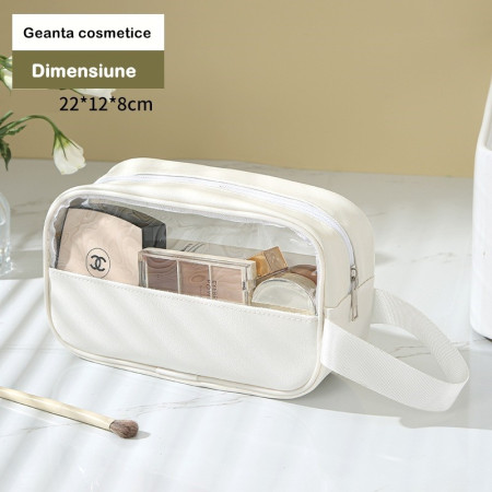 Geantă Cosmetice Voiaj, Impermeabilă, PVC/Textil, Portabilă, Albă, 22x12x8 cm