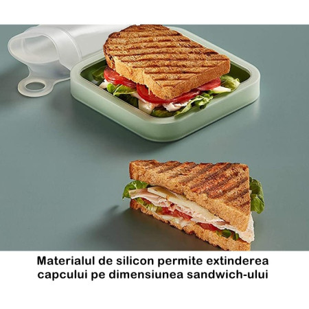 Caserolă Compactă pentru Sandwich, Reutilizabilă, din Silicon cu Capac Etanș, Ușor de Transportat și Curățat, Verde
