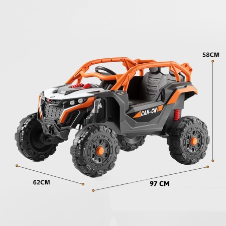 Masina Electrica pentru Copii, Flippy, Tip Buggy/UTV Off-Road Dual Drive, Conectare Bluetooth, Telecomanda, Lumina Intermitenta si Muzica, Baterie 380*2, 6V 7Ah, 97 x 62 x 58 cm, Portocaliu Negru