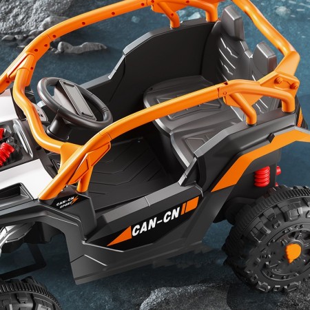 Masina Electrica pentru Copii, Flippy, Tip Buggy/UTV Off-Road Dual Drive, Conectare Bluetooth, Telecomanda, Lumina Intermitenta si Muzica, Baterie 380*2, 6V 7Ah, 97 x 62 x 58 cm, Portocaliu Negru