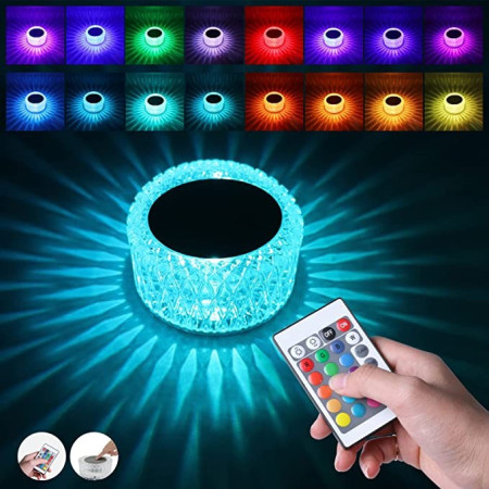 Lampa de birou pe LED RGB 16, Flippy, dimmer tactil, 3 nivele de intensitate, incarcare USB, 3W, Cristal Acrilic, 6x12 cm, cu telecomanda, ciub de pasare, transparent