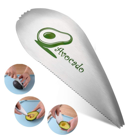 Taietor special pentru avocado Flippy, 3 in 1, forma curbata, zimti pentru apucare si taiere, din otel inoxidabil, 15 x 6 cm, gri