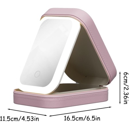 Portfard Cosmetice cu Oglindă LED, 3 Modele de Lumină, Încărcare USB, Baterie 1200 mAh, Compartimentat, Imitație Piele, Roz, 16.5x11.5x6 cm