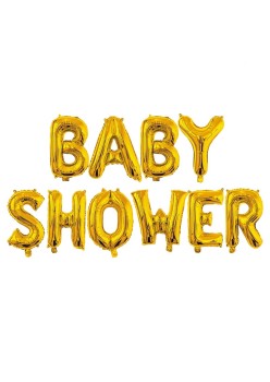 Set Baloane din Folie Metalizata, Flippy, Model Baby Shower, Litere de 40 cm, Baloane Party, Ambalaj Individual, Pai, Ata si Adeziv Incluse, Umflare cu Aer sau Heliu, Auriu