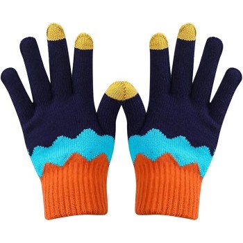 Manusi de Dama, Flippy, Model Ondulat, Functie Touchscreen (ecran tactil), Material Acril Tricotat, Manseta Elastica, Interior Catifelat, Marime Universala, Portocaliu/Albastru