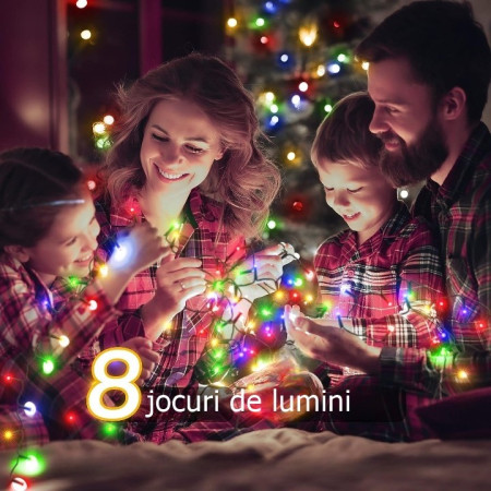 Instalatie de Craciun beculet in 6 colturi, 8 jocuri de lumini, liniara, 10 m, din care 1 m cablu priza 220V, 100 LED, controler, fir negru, multicolor