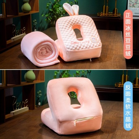 Set 2în1 Pătură și Pernă, Model Iepuraș, cu Spațiu de Depozitare, Ideal pentru Birou și Călătorii, Microfibră și Spumă, 1x1.7 m, 30x35x30 cm, Roz