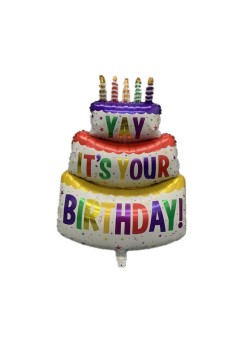 Balon din Folie Metalizata, Flippy, Model Tort cu 3 Straturi, Balon Aniversar, Model Birthday Cake, 102x62 cm, Ambalaj Individual, Pai inclus, Umflare cu Aer sau Heliu, Multicolor