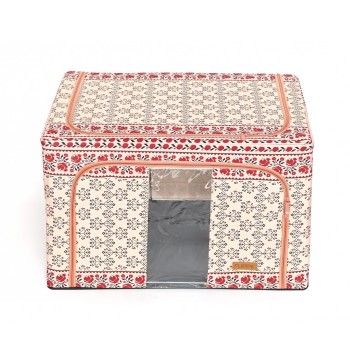 Cutie de Depozitare Pliabila cu 2 Usi de Acces si Fereastra Frontala, Fermoar Bidirectional, 66 L, Bumbac si In, 52 x 42 x 39 cm, Model Traditional 6
