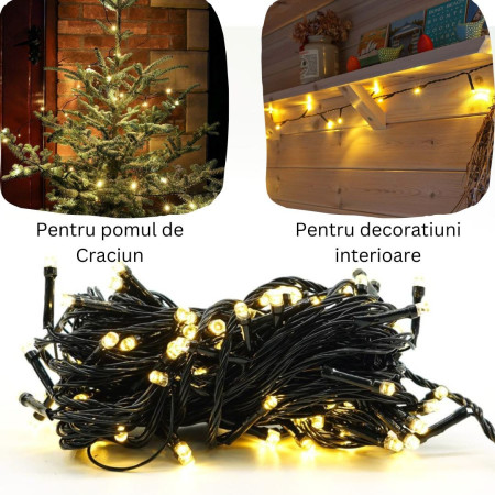 Instalatie de Craciun 8 jocuri de lumini, controler, liniara, 10 m, din care 1 m cablu priza 220V, 100 LED, fir negru, alb cald