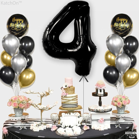 Balon din Folie Metalizata, Flippy, Figurina Cifra, Tema Aniversare 100 cm, Ambalaj Individual, Pai inclus, Umflare cu Aer sau Heliu, Negru, Cifra 4