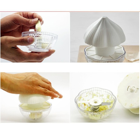 Tocator manual pentru usturoi, in forma de usturoi, cutite rezistente, utilizare prin apasare, material ABS si inox, 9.5x9.5x9.3 cm, alb