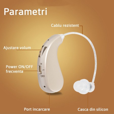 Aparat auditiv retroauricular BTE Reincarcabil, Flippy, Set 2 bucati Stinga Dreapta, Standard European, Aparat auditiv Cu incarcator, Aparat pentru Auz, 12 x 8.5 x 4 cm, 89 g,  Auriu