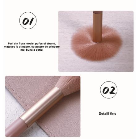 Mini Set Portabil 8 Pensule pentru Machiaj Flippy, Super Soft, Makeup Profesional/Incepatori, Maner Ergonomic, Gentuta Depozitare Inclusa, Maro