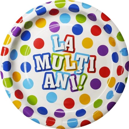 Set 6 Farfurii de Unica Folosinta, Flippy, Colectia, LA MULTI ANI, 23 cm, din Carton Laminat, Multicolor