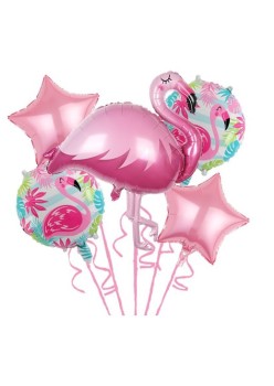 Baloane aniversare Flamingo Party, Flippy, din Folie de aluminiu si Latex, set din 5 baloane, 1 Flamingo, 2 Stele, 2 rotunde, 60 x 90 cm, Adeziv si pai inclus Rose