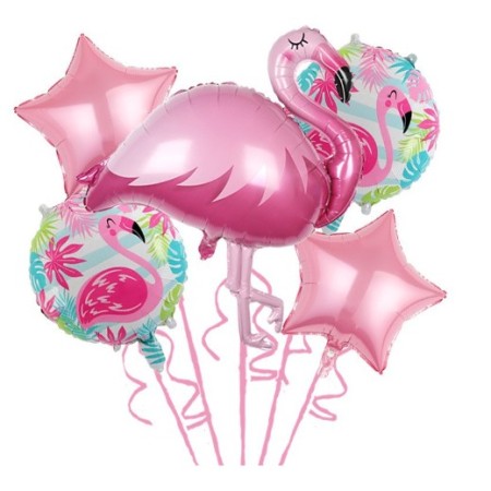Baloane aniversare Flamingo Party, Flippy, din Folie de aluminiu si Latex, set din 5 baloane, 1 Flamingo, 2 Stele, 2 rotunde, 60 x 90 cm, Adeziv si pai inclus Rose