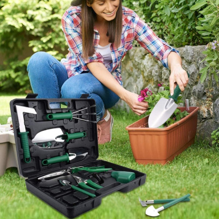 Set 10 Unelte de Grădină, Mânere Verzi, Oțel Inoxidabil, Cutie Inclusă, 37x28x7 cm, Negru – Pentru Plantare, Sol și Îngrijire Plante