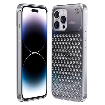 Husa Aromaterapia Compatibila cu iPhone 15 Pro Max, Flippy, Antisoc, Antizgariere, Protectie Camera si Supraincalzire, din Aliaj de Aluminiu, Argintiu