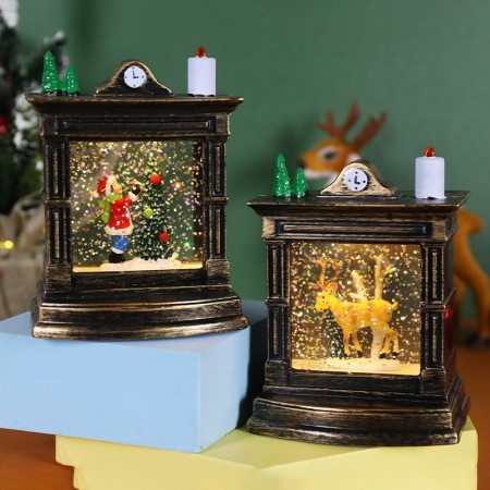 Decoratiune de Craciun tip Semineu / Ceas, Flippy, Glob de Cristal cu Fulgi de Zapada, Model Elf, Iluminare LED, 11.5 x 8.5 x 6.5 cm, Carcasa Vintage Bronze, Transparent