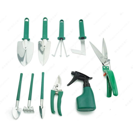 Set 10 Unelte de Grădină, Mânere Verzi, Oțel Inoxidabil, Cutie Inclusă, 37x28x7 cm, Negru – Pentru Plantare, Sol și Îngrijire Plante