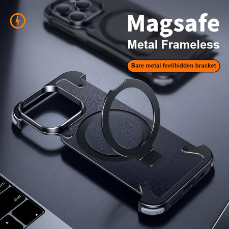 Husa de Protectie Compatibil cu iPhone 15 Pro Max, Flippy, Incarcare Wireless, Tehnologie Magsafe, Inel Magnetic Rotativ 360 cu Functie de Suport, Rama Metalica, Carcasa din Piele, Negru