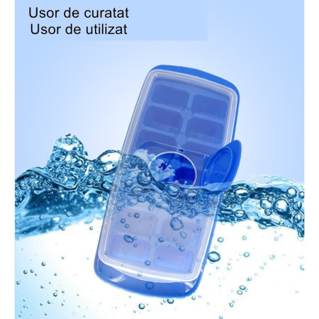 Forma pentru gheata cu capac, plastic alimentar, orificiu umplere, 29.5 x 12.5 x4 cm, 14 cuburi, Albastru