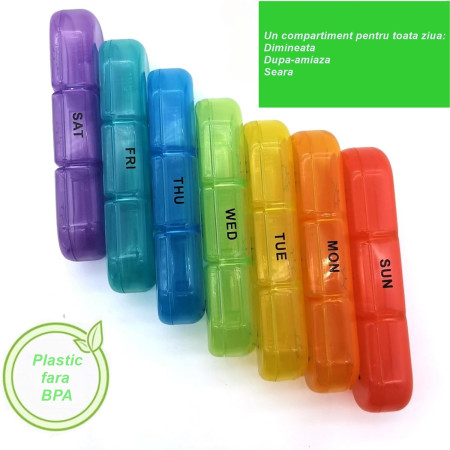 Cutie Depozitare Medicamente, Flippy, 7 Zile, 21 Compartimente, Cutie Suport, Recipiente Detasabile, Portabila, Recipiente Colorate, Cutie Neagra, 15.6x12 cm
