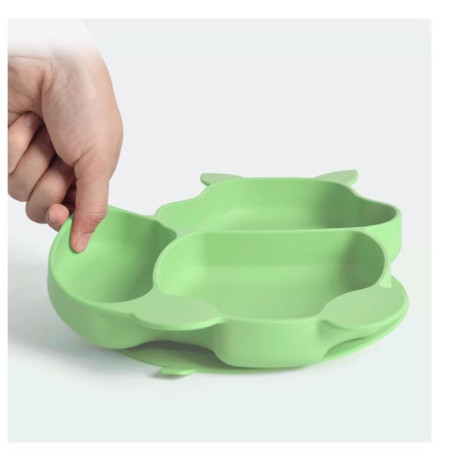 Accesorii diversificare bebelusi 10 piese din silicon, farfurie si bol cu ventuza, baveta, cana gustari, tacamuri lemn-silicon, fara BPA, verde