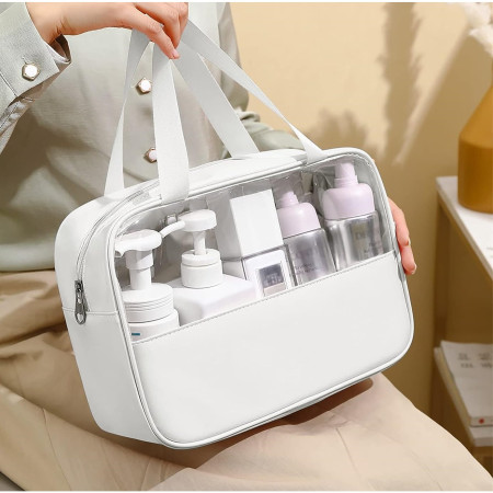 Geanta cosmetice, pentru voiaj sau organizare, material PVC/textil, impermeabila, portabila, 26 x 15 x 10 cm, alb