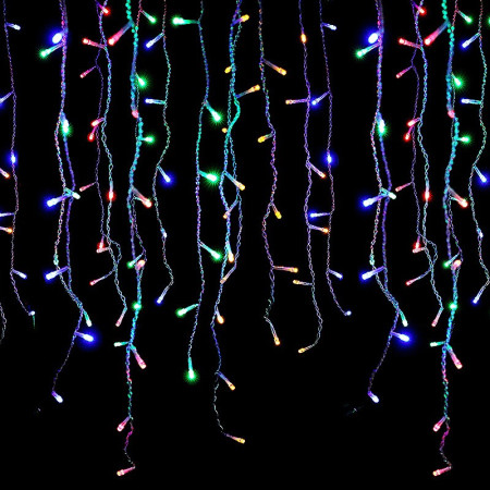 Instalatie Craciun Tip Franjuri/Turturi, 8 Jocuri de Lumini, Interconectabila, 4 m, 120 LED-uri, Prelungitor 1.5 m, Fir transparent, Multicolor