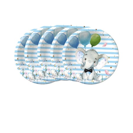Set 10 Farfurii Unica Folosinta, Flippy, Imprimeu Elefant, din Carton, 22 cm, Albastru