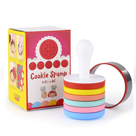 Set 6 stampile pentru prajituri Flippy, tematica de Craciun, din silicon alimentar non-toxic, taietor aluat inclus, 6 cm,  maner din plastic, compact, usor de depozitat,