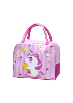 Geanta Termoizolanta pentru Copii, Flippy, 23x13x19 cm, Model Imprimeu Unicorn, din Folie de Aluminiu si Panza Oxford, Roz